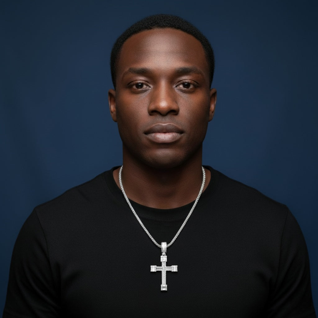 925 Silver Moissanite Baguette Cross pendant 4.45 CTW at Flawless Jewelry