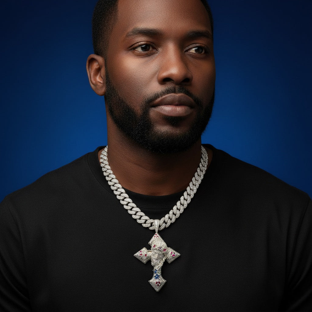 925 Silver Moissanite Jesus Face Cross Pendant 7.40 CTW at Flawless Jewelry