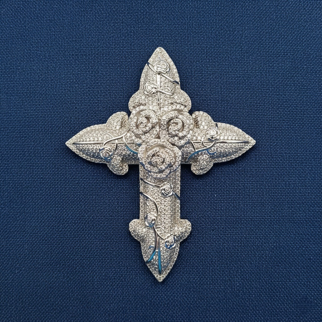 925 Silver Moissanite Rose Flower Jesus Pendant 31.52 CTW at Flawless Jewelry