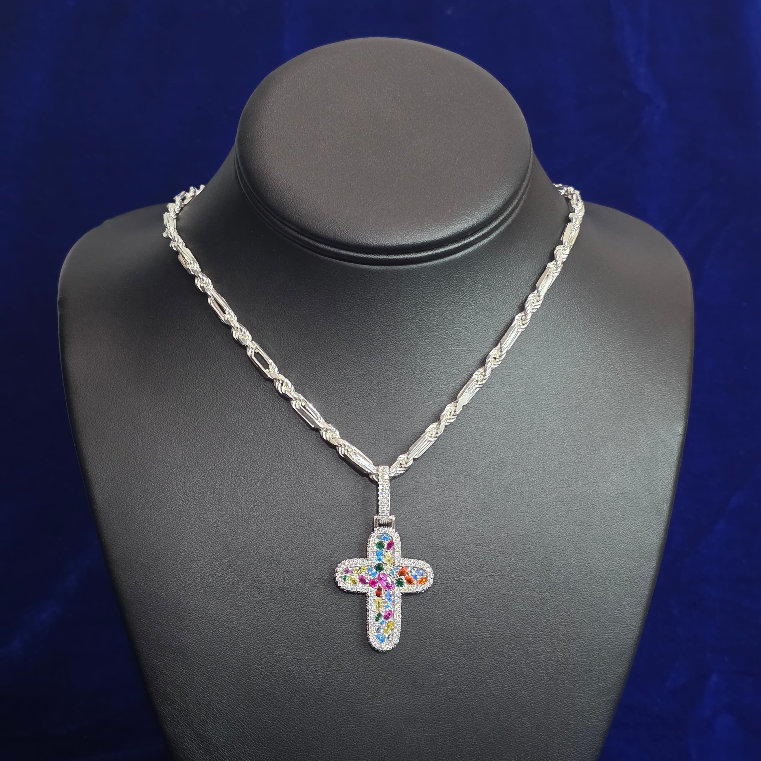 Silver Moissanite Multi Colored Cross Pendant with Chain Combo