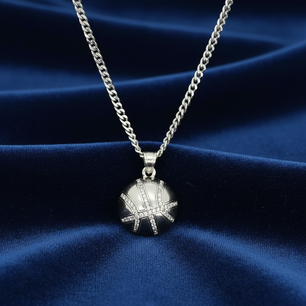 Stainless Steel Basketball Charm and Chain Combo 24" at Flawless Jewelry