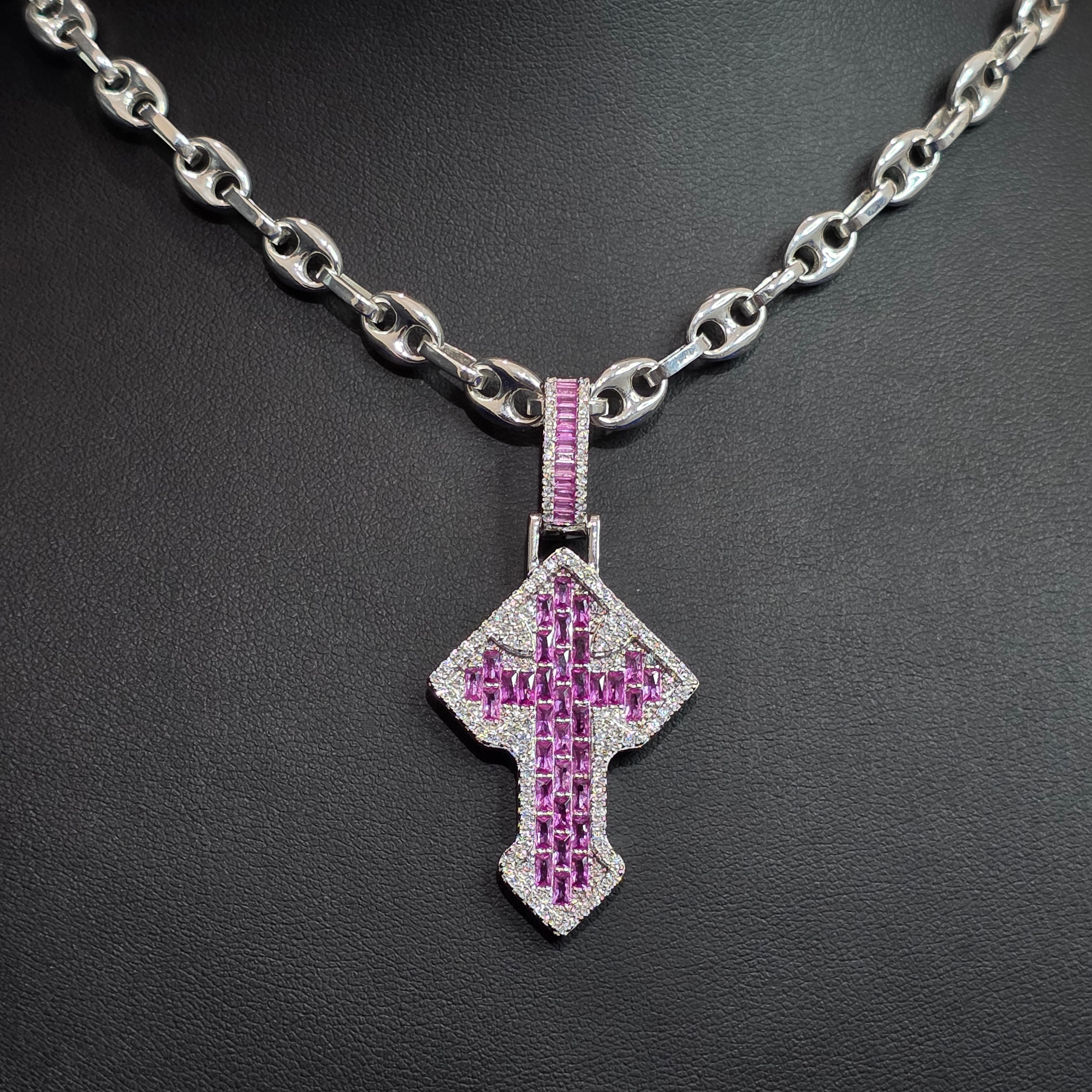 Silver Moissanite Multi Colored Cross Pendant with Chain Combo