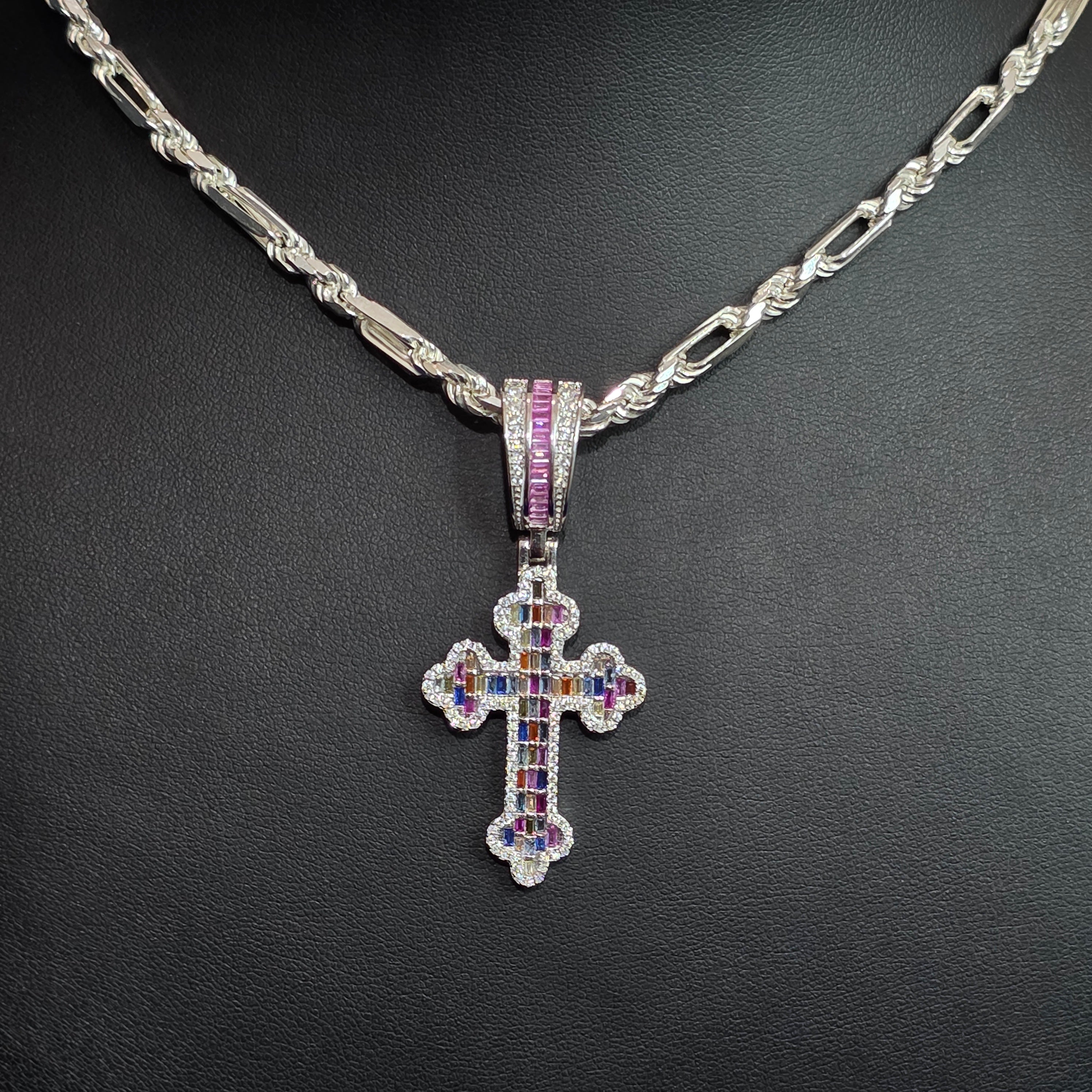 Silver Moissanite Multi Colored Cross Pendant with Chain Combo