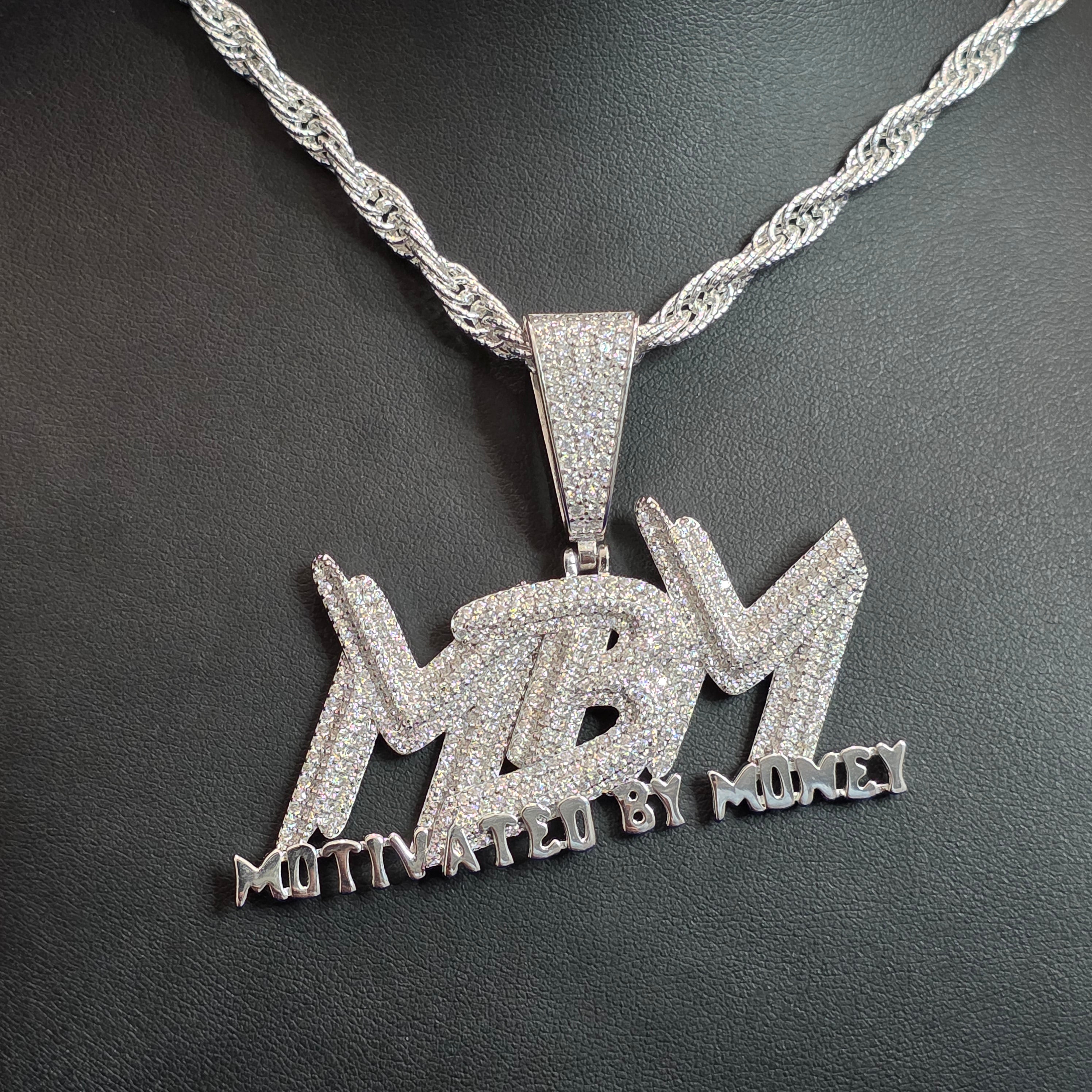 Silver Moissanite MBM (motivated by money) Pendant with Chain Combo