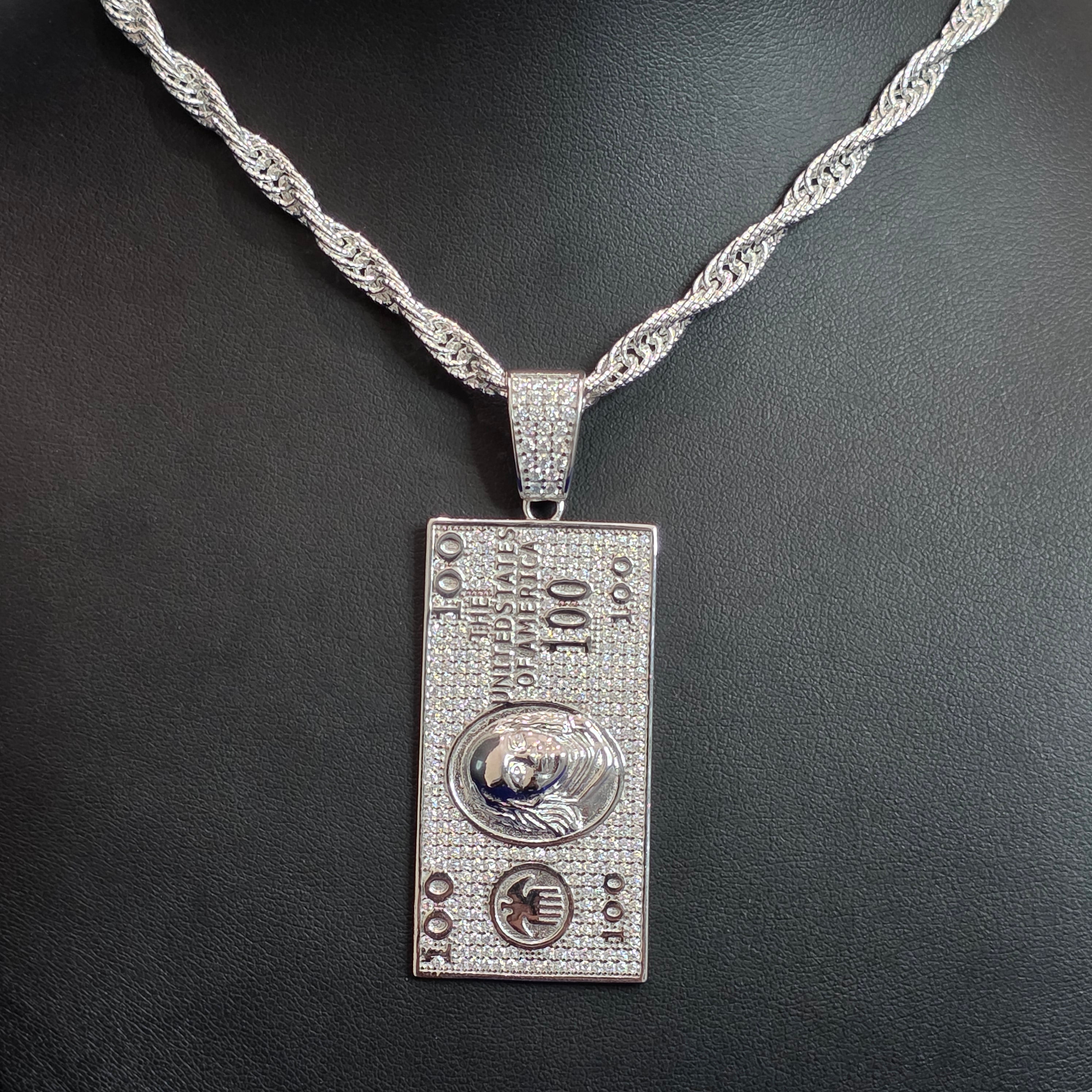Silver Moissanite "Cash" Pendant with Chain Combo