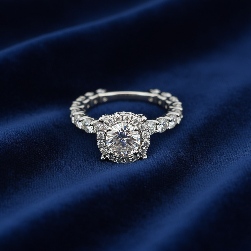 925 Silver Moissanite Round Halo Accented Ring at Flawless Jewelry