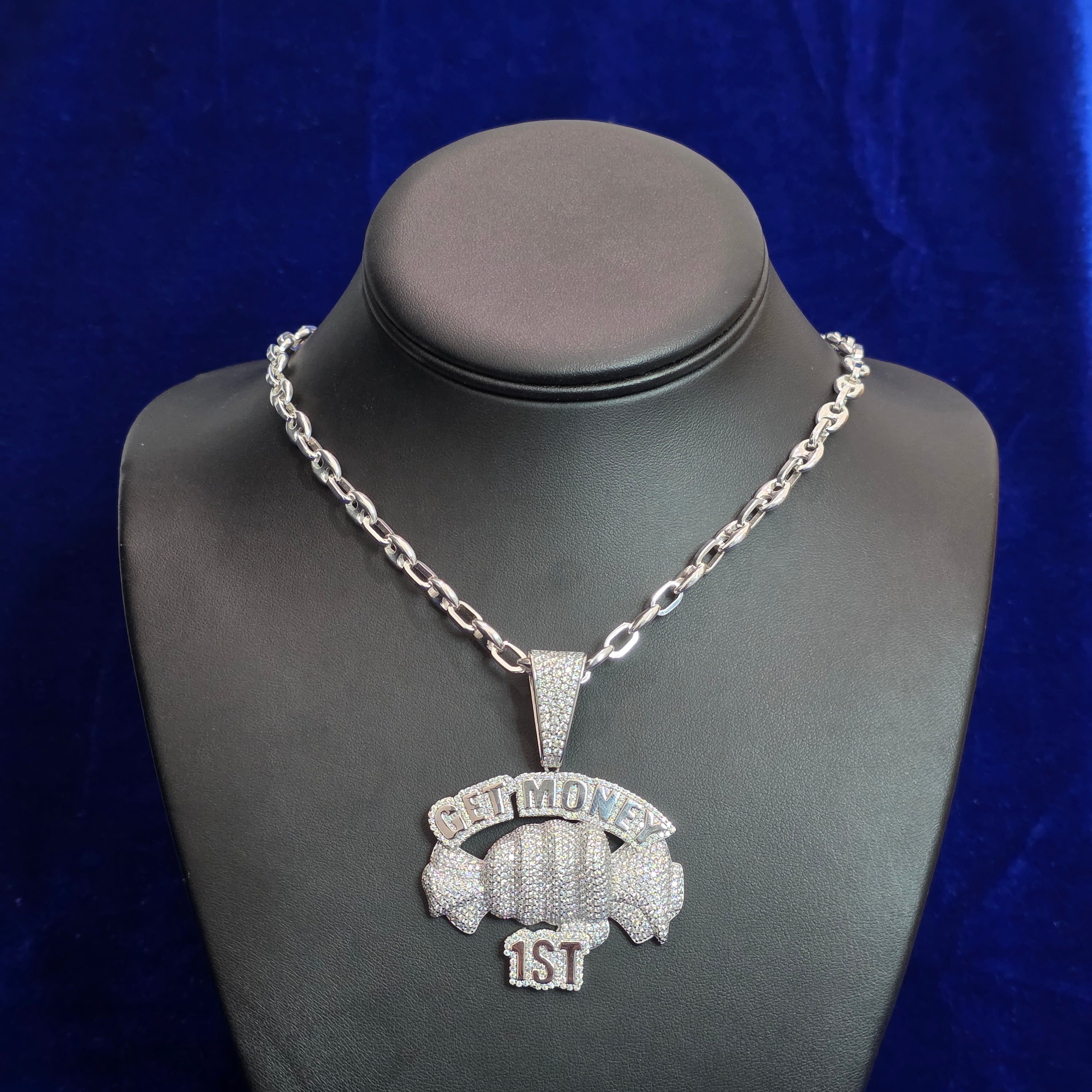 Silver Moissanite Get money 1st Pendant with Chain Combo