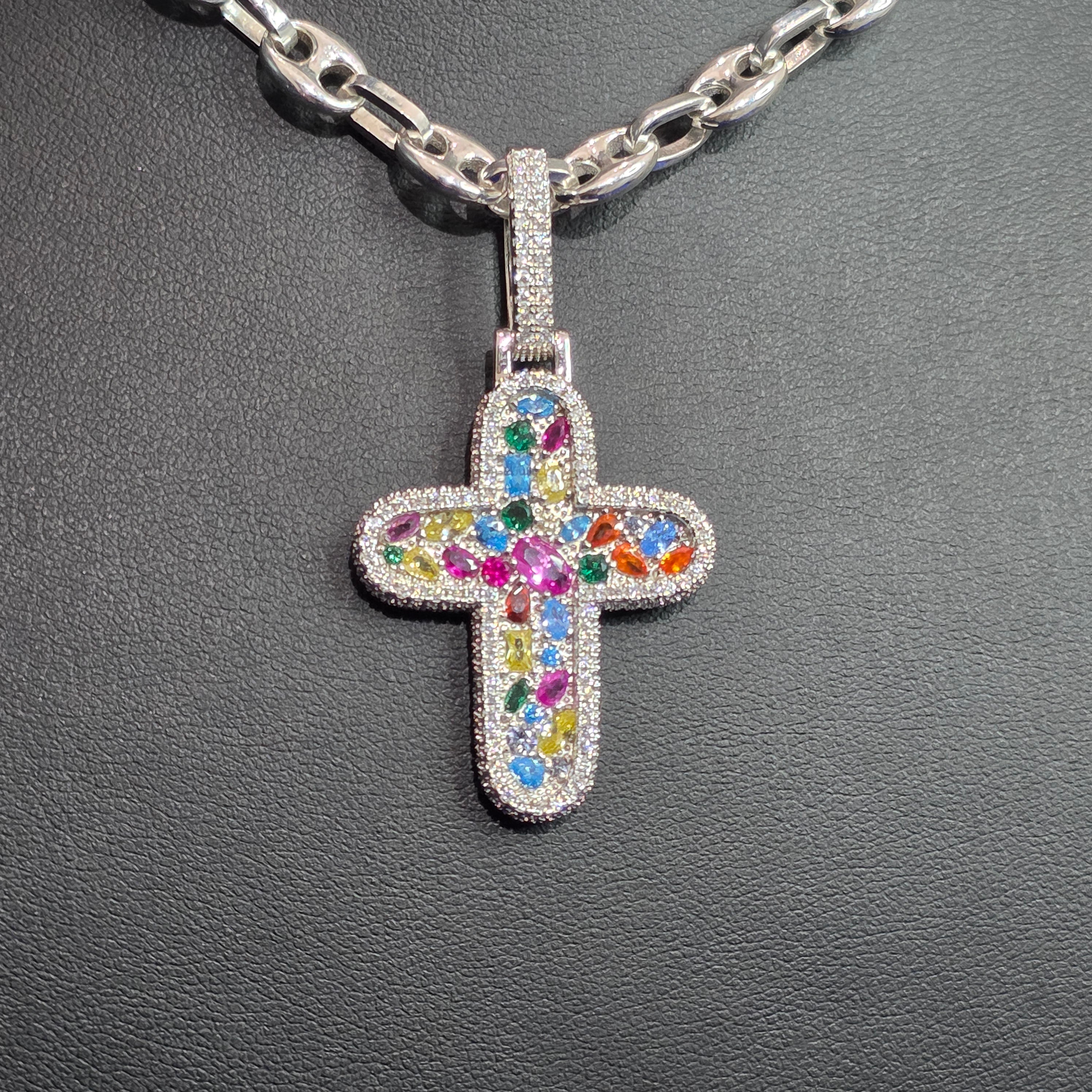 Silver Moissanite Multi Colored Cross Pendant with Chain Combo