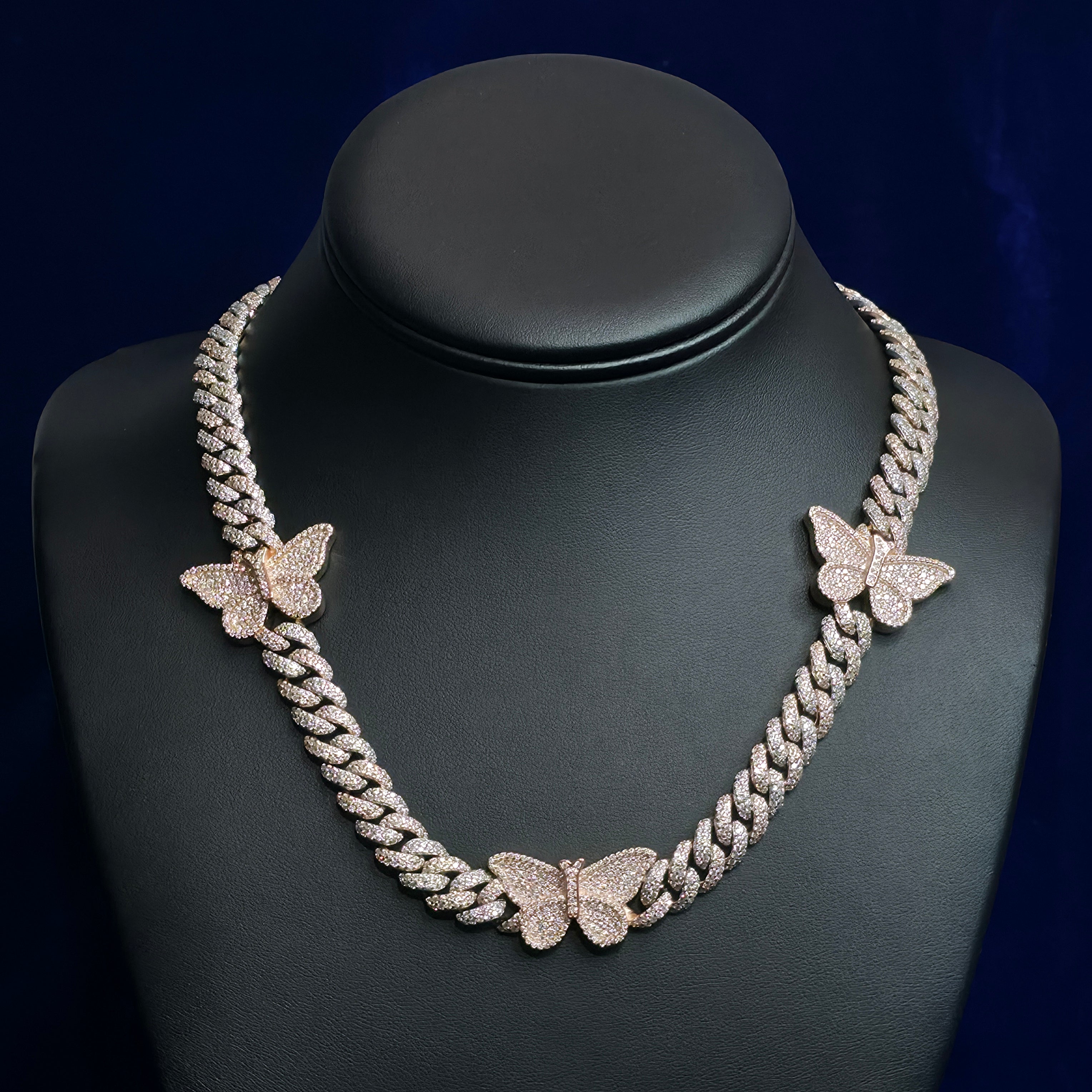 Silver Moissanite Two Tone Butterfly Cuban Necklace at Flawless Jewelry