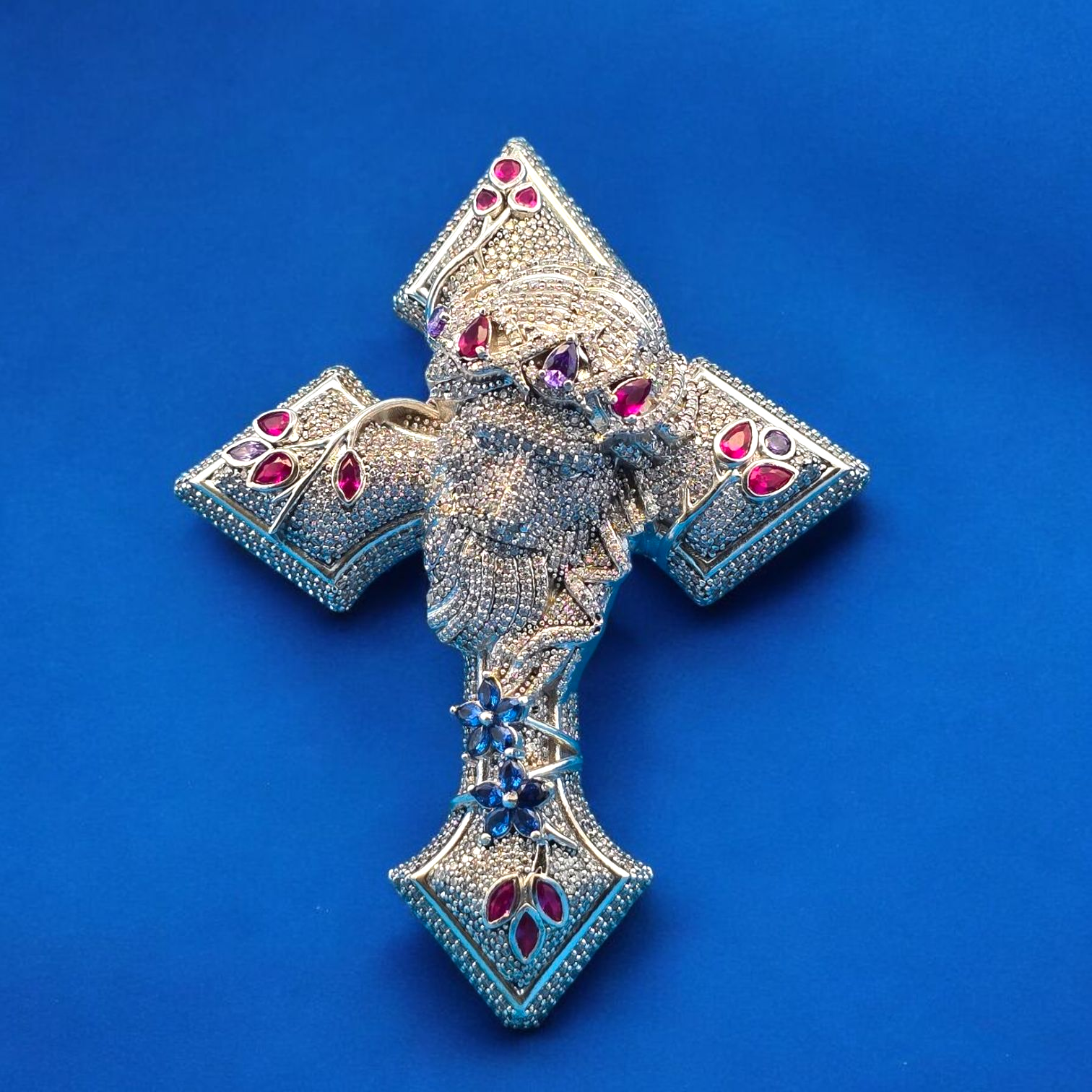 925 Silver Moissanite Jesus Face Cross Pendant 7.40 CTW at Flawless Jewelry