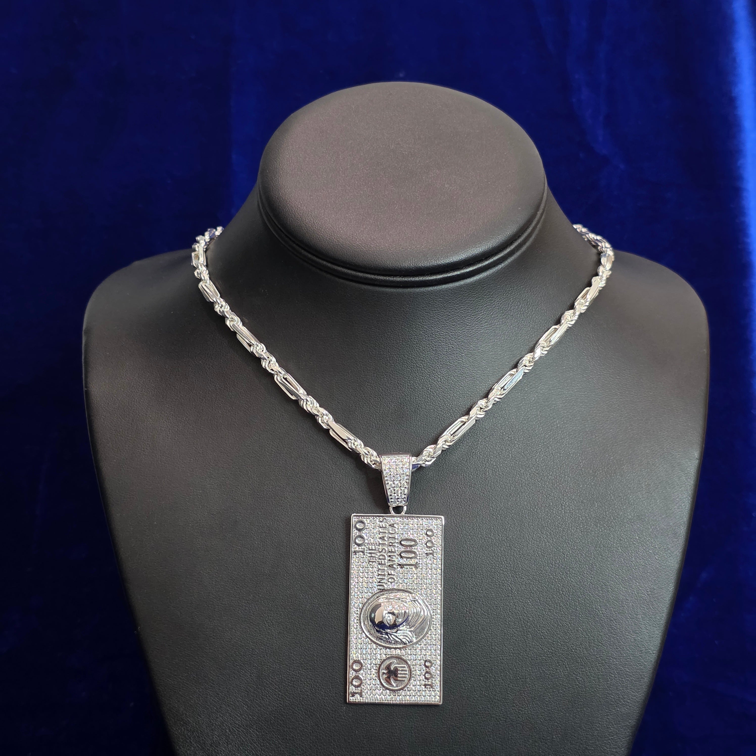 Silver Moissanite "Cash" Pendant with Chain Combo