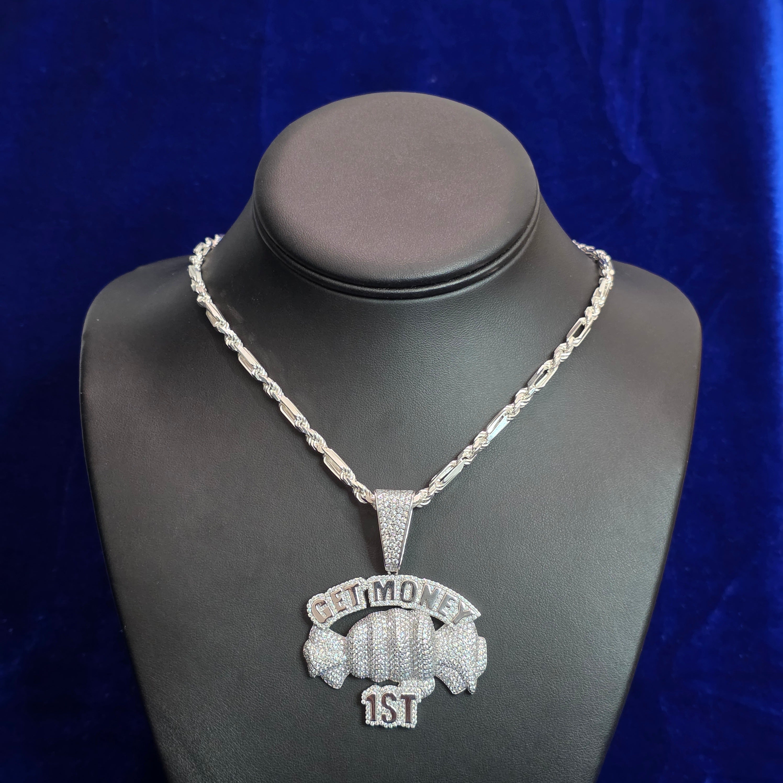 Silver Moissanite Get money 1st Pendant with Chain Combo