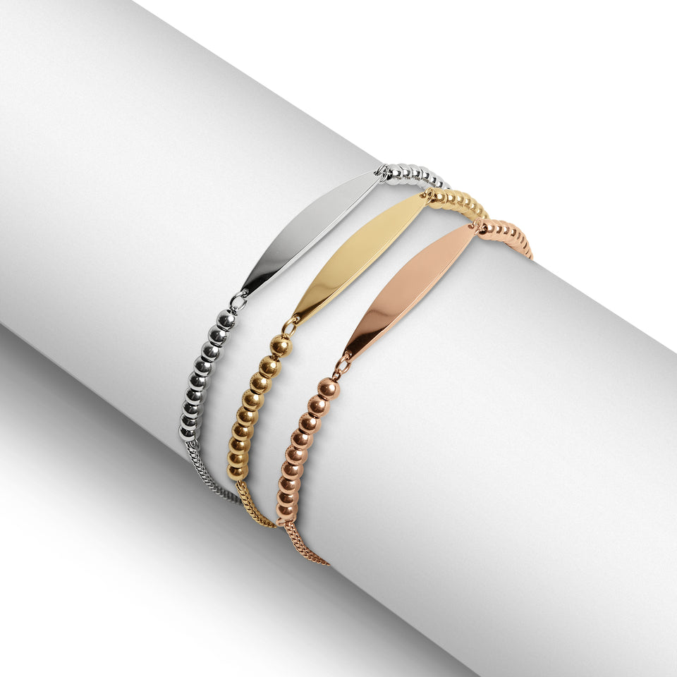 18K Gold PVD Stainless Steel Adjustable Beaded Curved Blank Bar Bracelet
