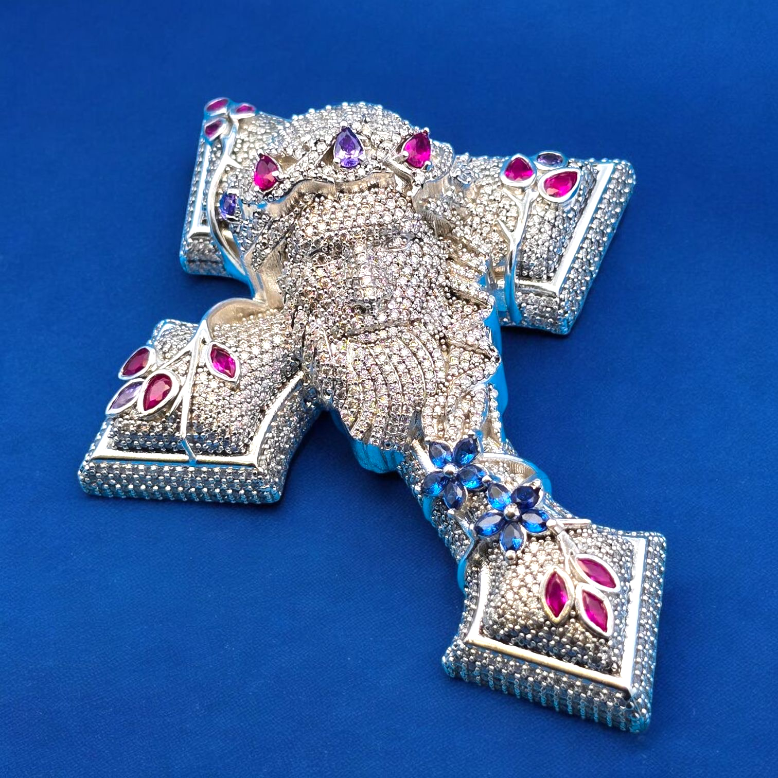 925 Silver Moissanite Jesus Face Cross Pendant 7.40 CTW at Flawless Jewelry