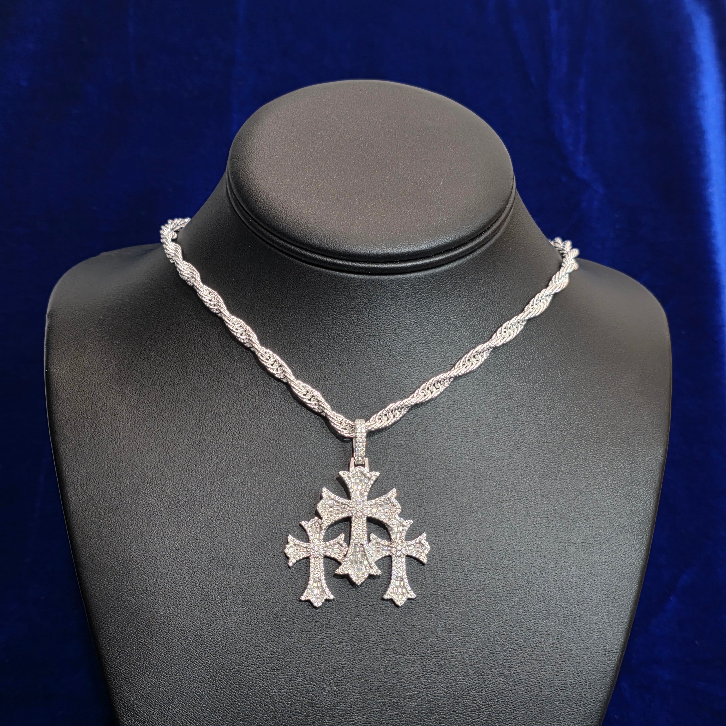 Silver Moissanite Three Cross Pendant with Chain Combo
