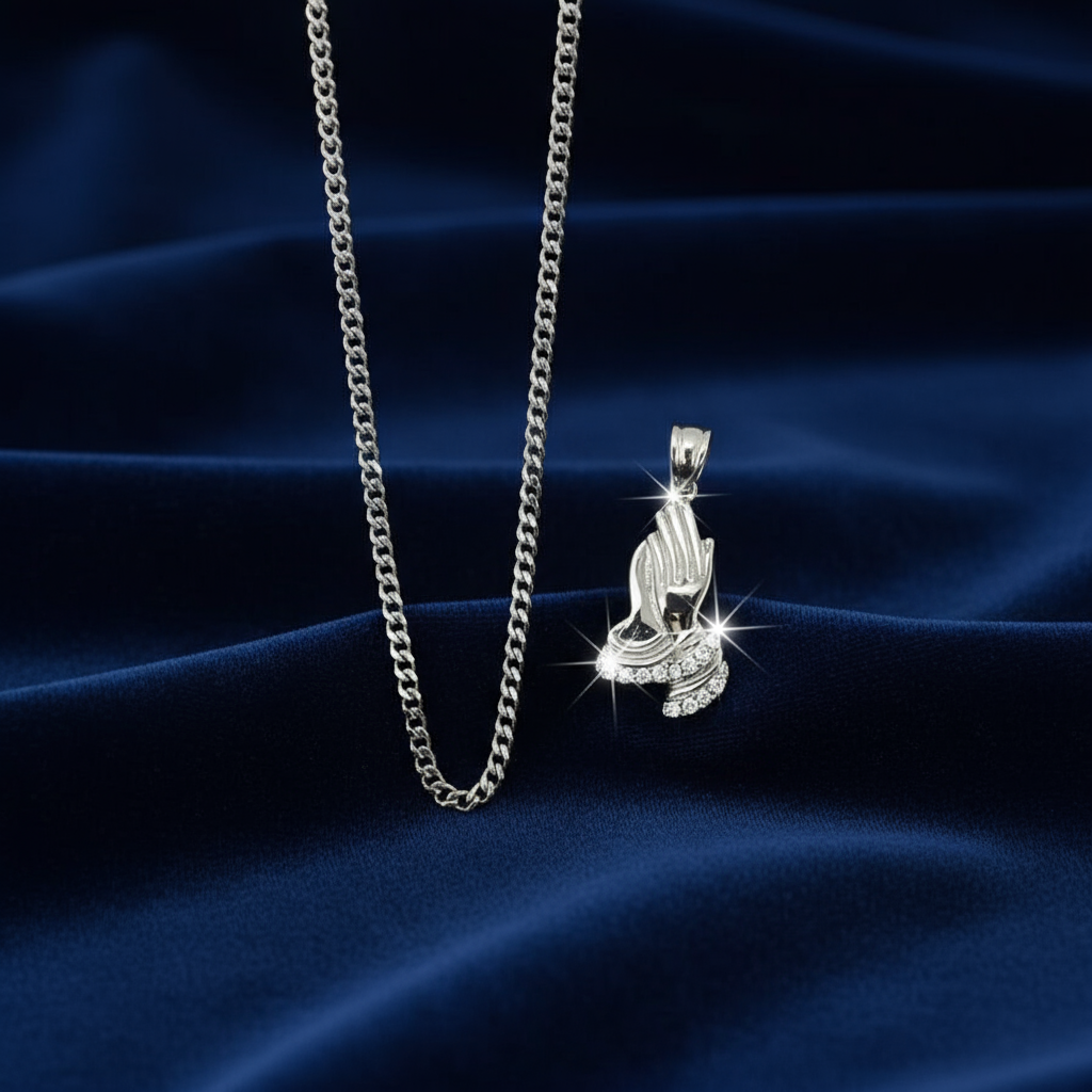 Stainless Steel Praying Hand Pendent and Chain Combo 24" at Flawless Jewelry