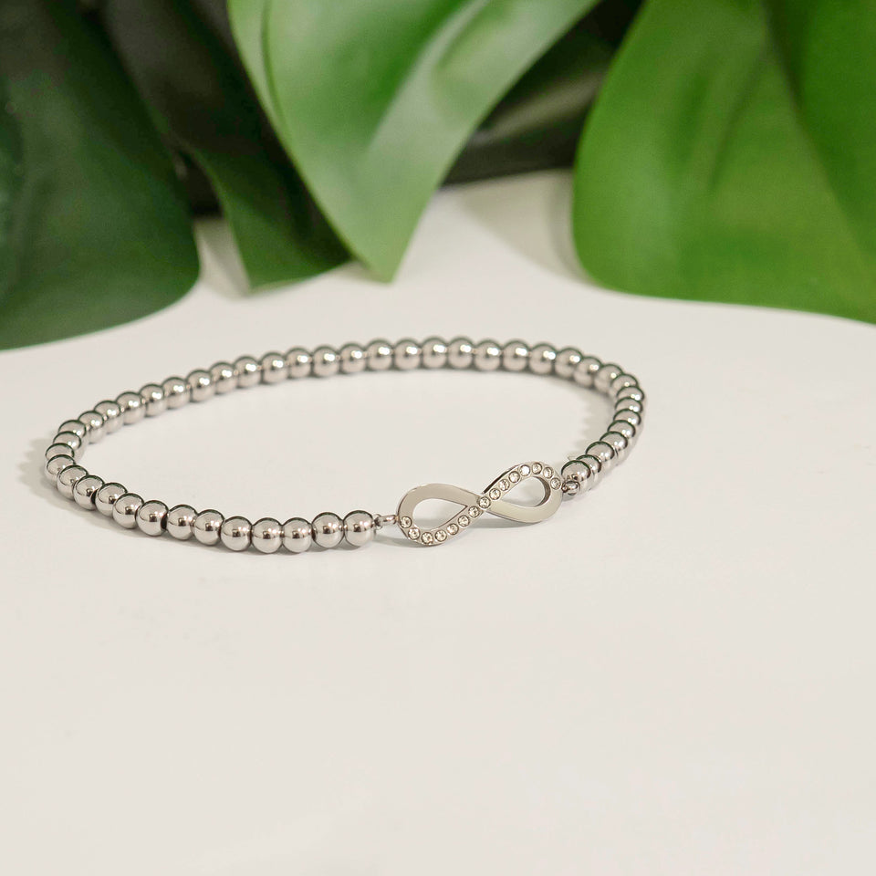 18K Gold PVD Stainless Steel Stone Infinity Sign Metal Beaded Stretch Bracelet