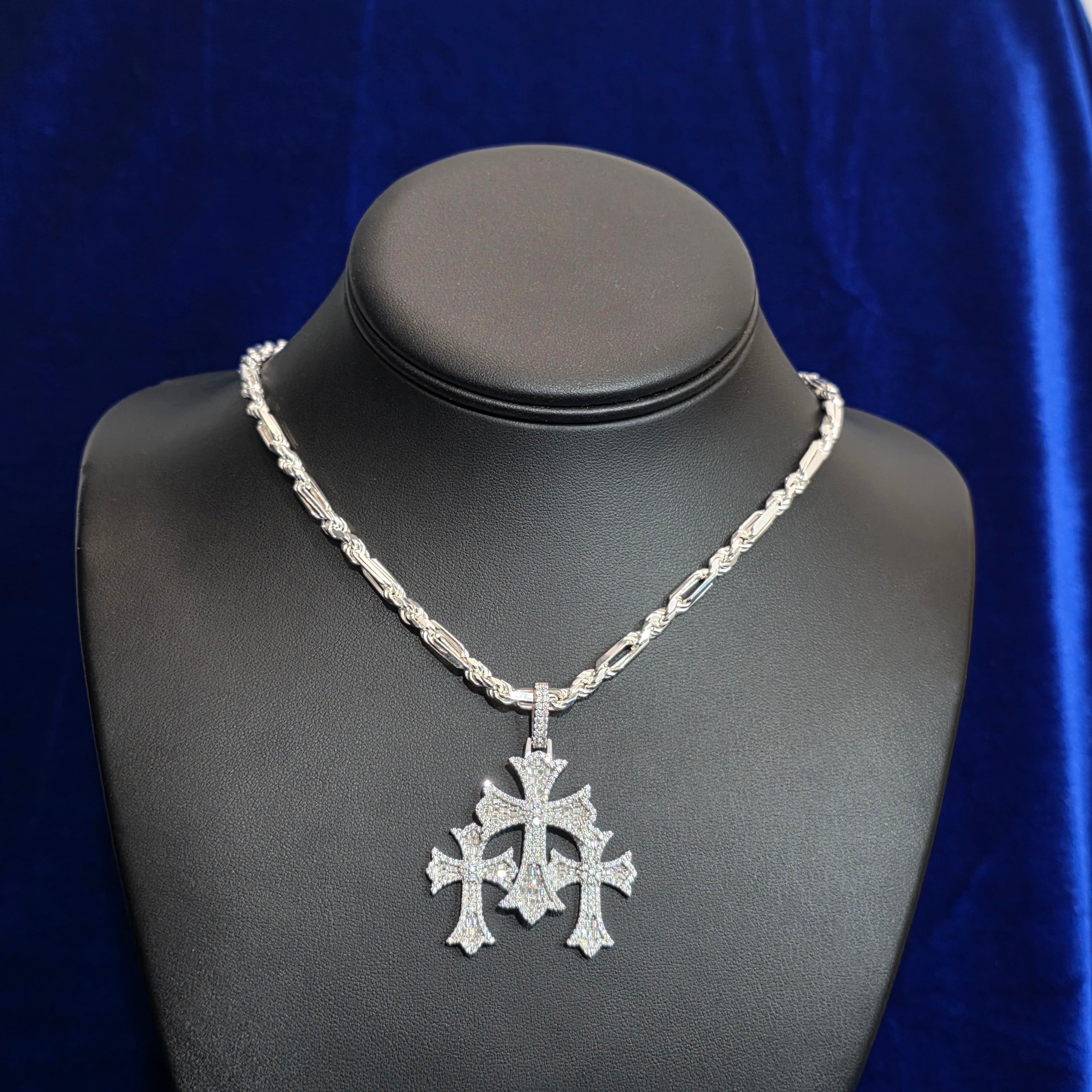 Silver Moissanite Three Cross Pendant with Chain Combo