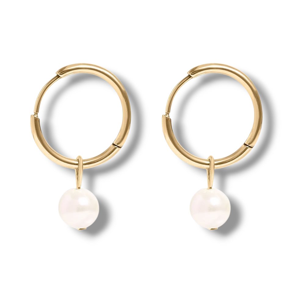 18K Gold PVD Stainless Steel Pearl Charm Huggie Hoop Earrings