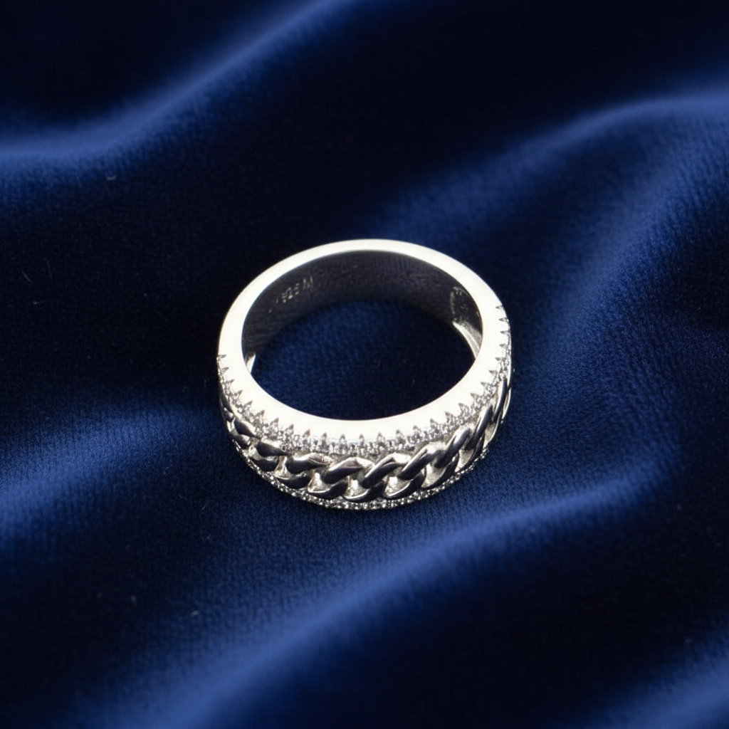 925 Silver Moissanite Cuban Link Band Ring at Flawless Jewelry