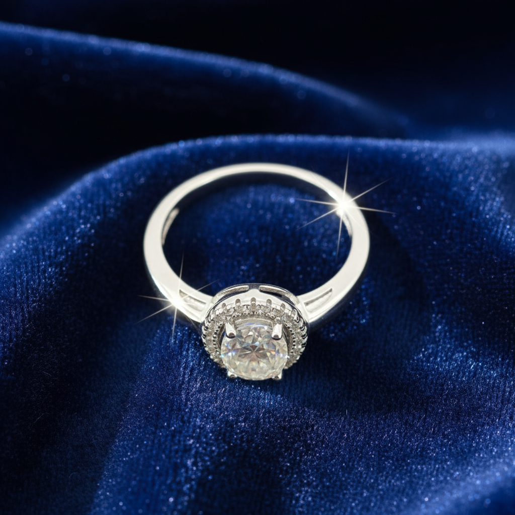 925 Silver Moissanite Round Halo Ring at Flawless Jewelry