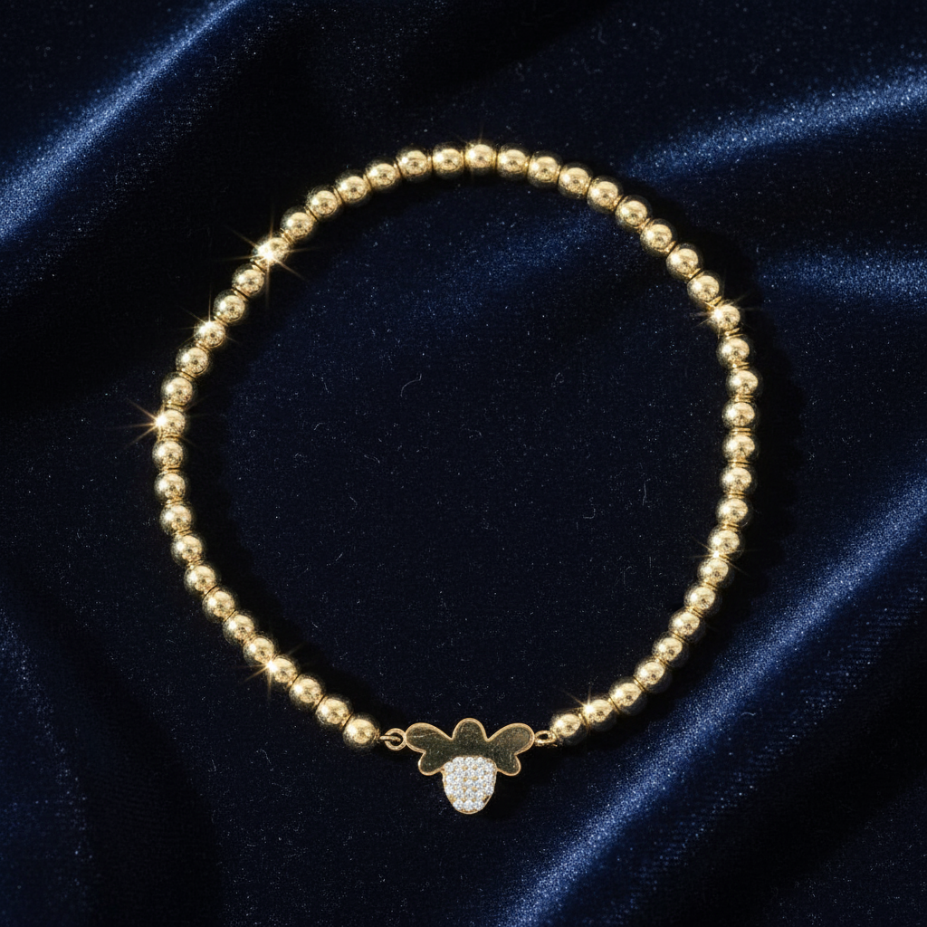 18K Gold PVD Stainless Steel Stone Bee Metal Beaded Stretch Bracelet at Flawless Jewelry