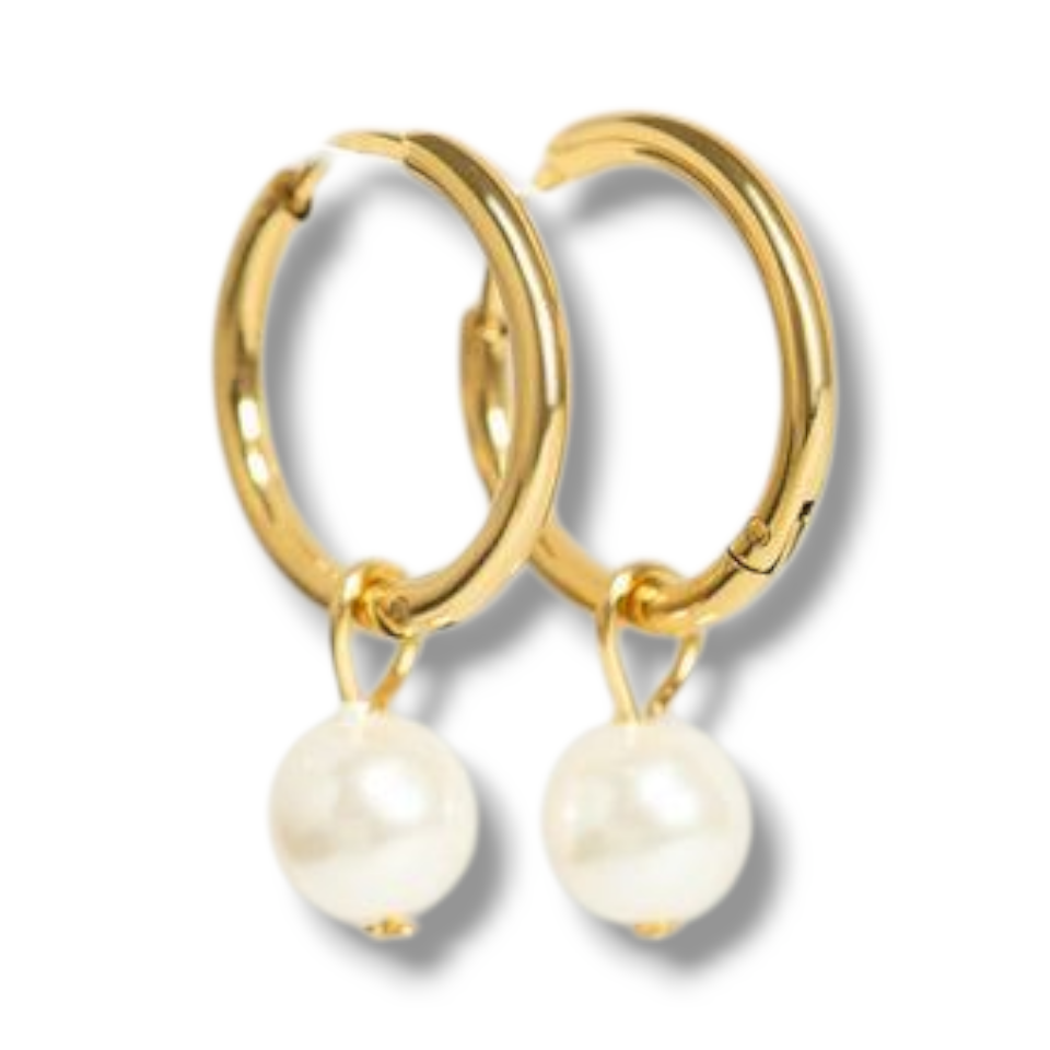 18K Gold PVD Stainless Steel Pearl Charm Huggie Hoop Earrings