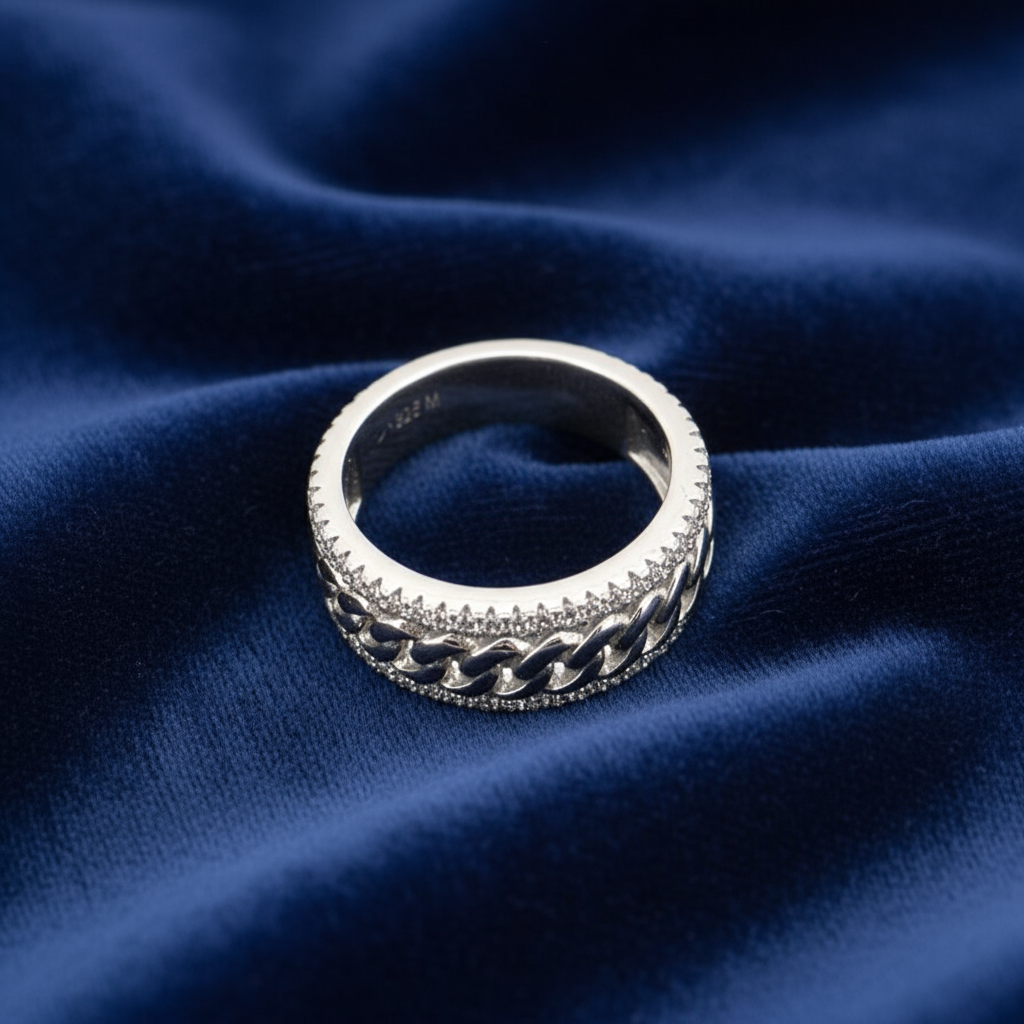 925 Silver Moissanite Cuban Link Band Ring at Flawless Jewelry