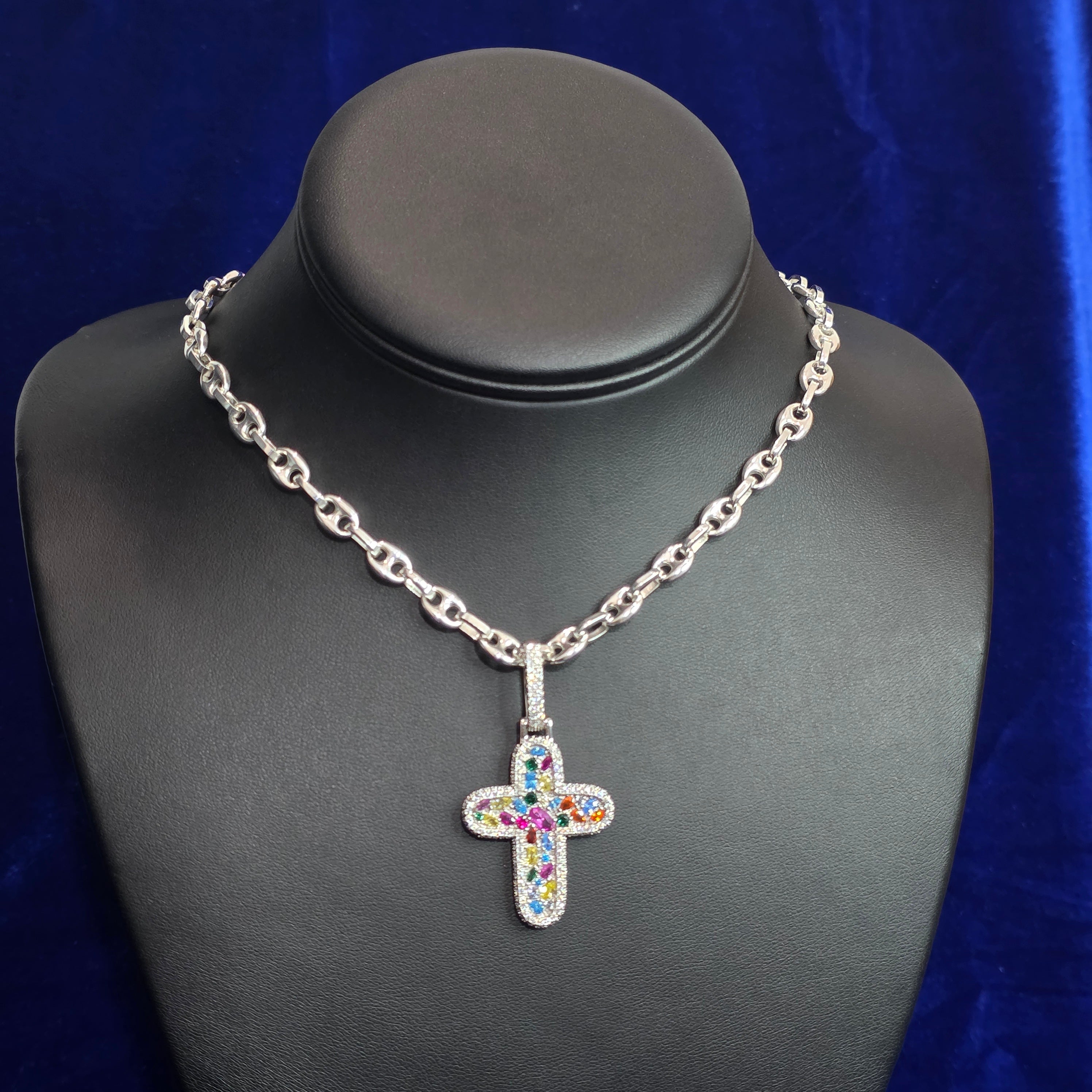 Silver Moissanite Multi Colored Cross Pendant with Chain Combo