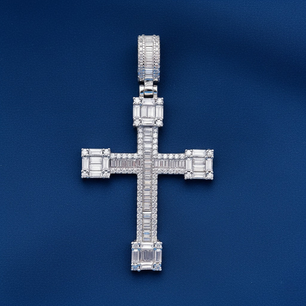 925 Silver Moissanite Baguette Cross pendant 4.45 CTW at Flawless Jewelry
