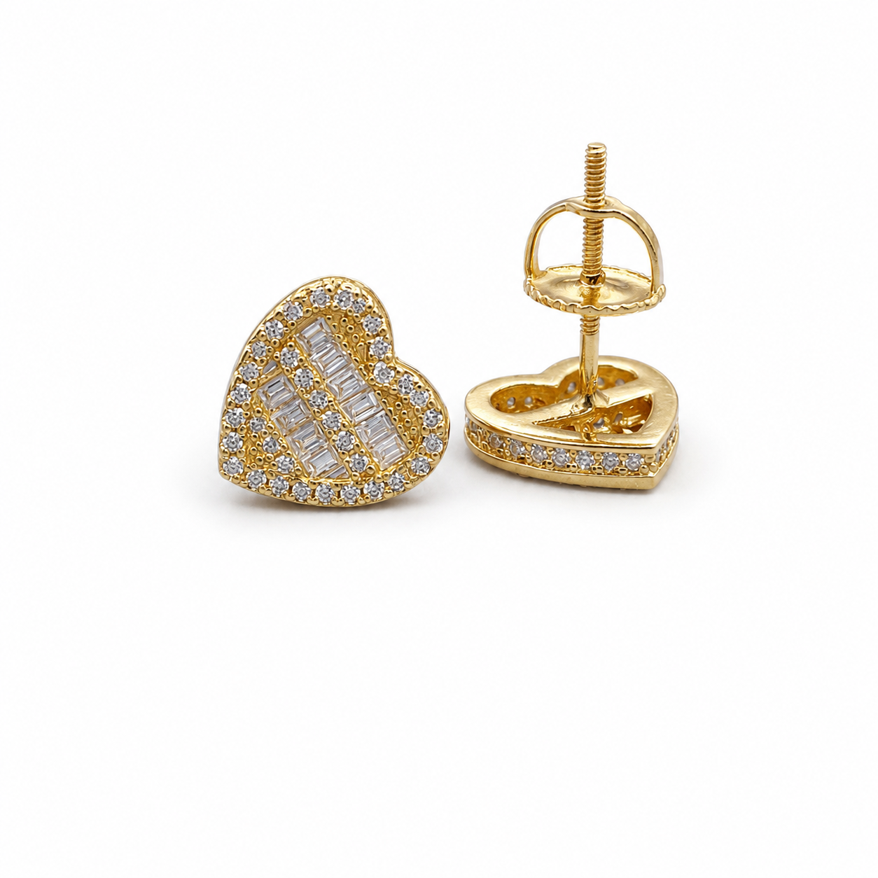 Baguette moissanite heart stud earrings view 1 on clean white background