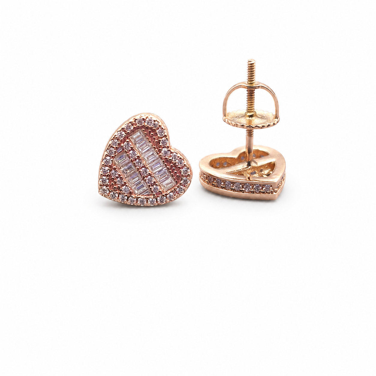 Baguette moissanite heart stud earrings view 2 on clean white background