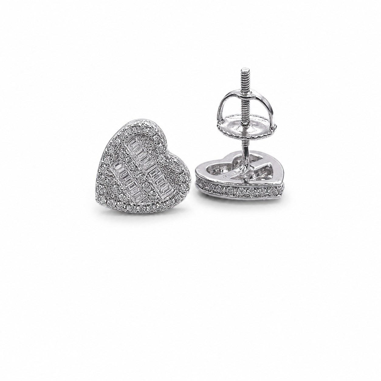 Baguette moissanite heart stud earrings view 3 on clean white background
