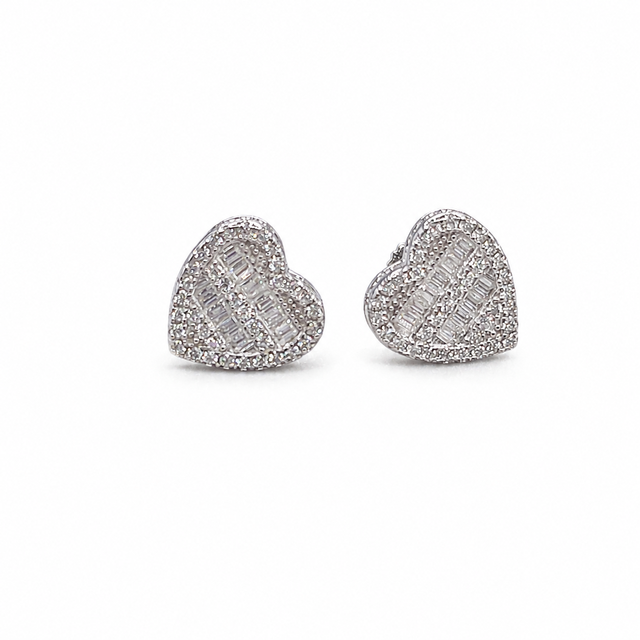 Baguette moissanite heart stud earrings view 4 on clean white background