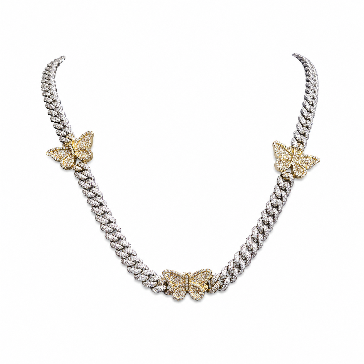 925 Sterling Silver Moissanite Butterfly Cuban Chain - Gold Accents - view 1 on white background