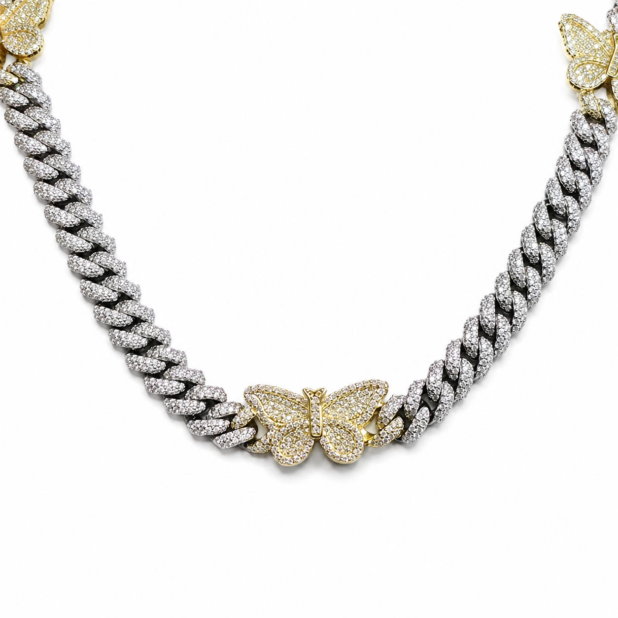 925 Sterling Silver Moissanite Butterfly Cuban Chain - Gold Accents - view 2 on white background