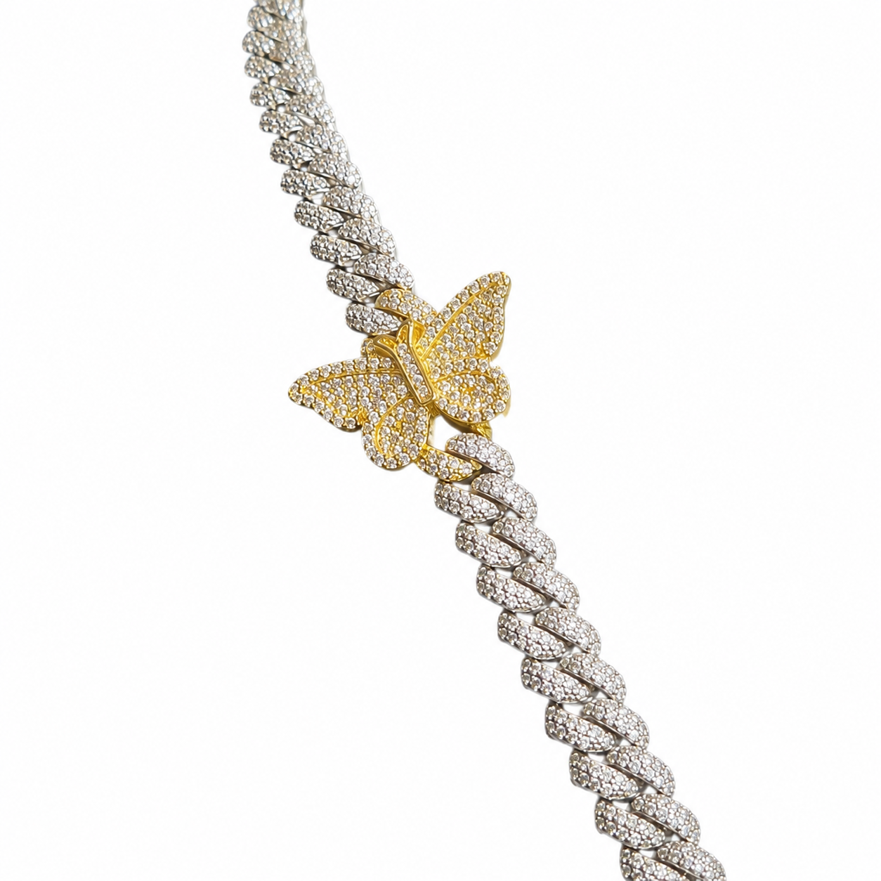 925 Sterling Silver Moissanite Butterfly Cuban Chain - Gold Accents - view 3 on white background
