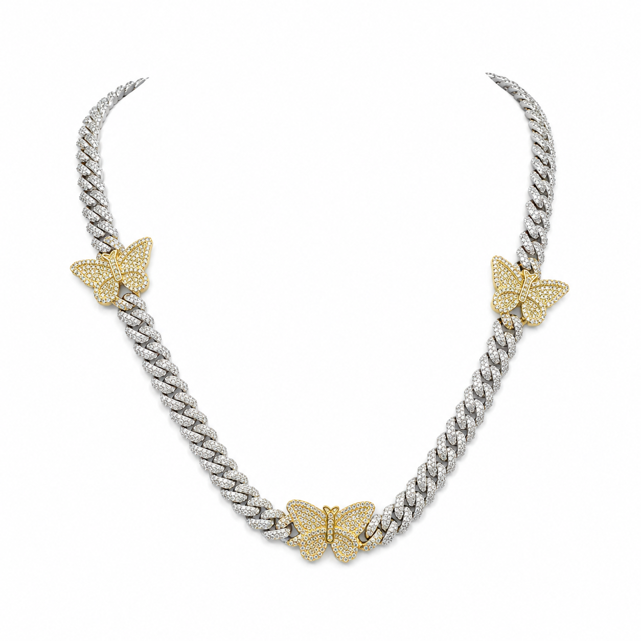 925 Sterling Silver Moissanite Butterfly Cuban Chain - Gold Accents - view 4 on white background
