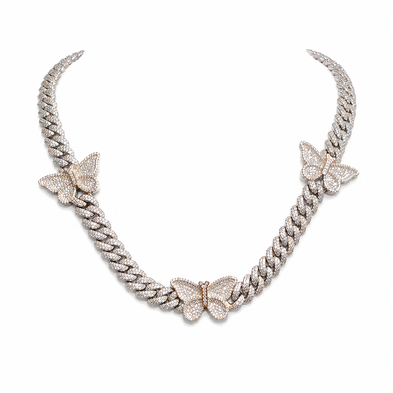 925 Sterling Silver Moissanite Butterfly Cuban Chain - Rose Gold Accents - view 1 on white background
