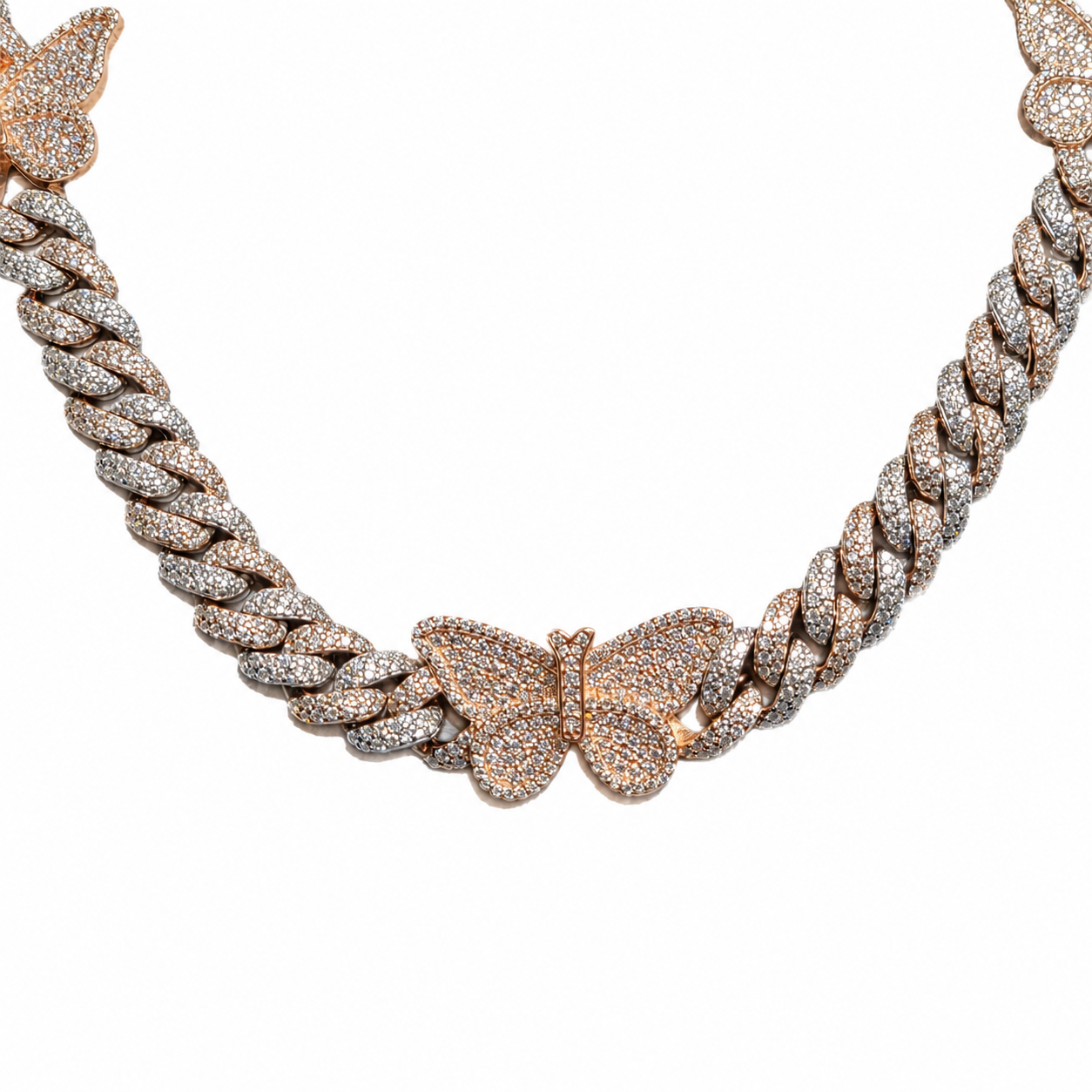 925 Sterling Silver Moissanite Butterfly Cuban Chain - Rose Gold Accents - view 2 on white background
