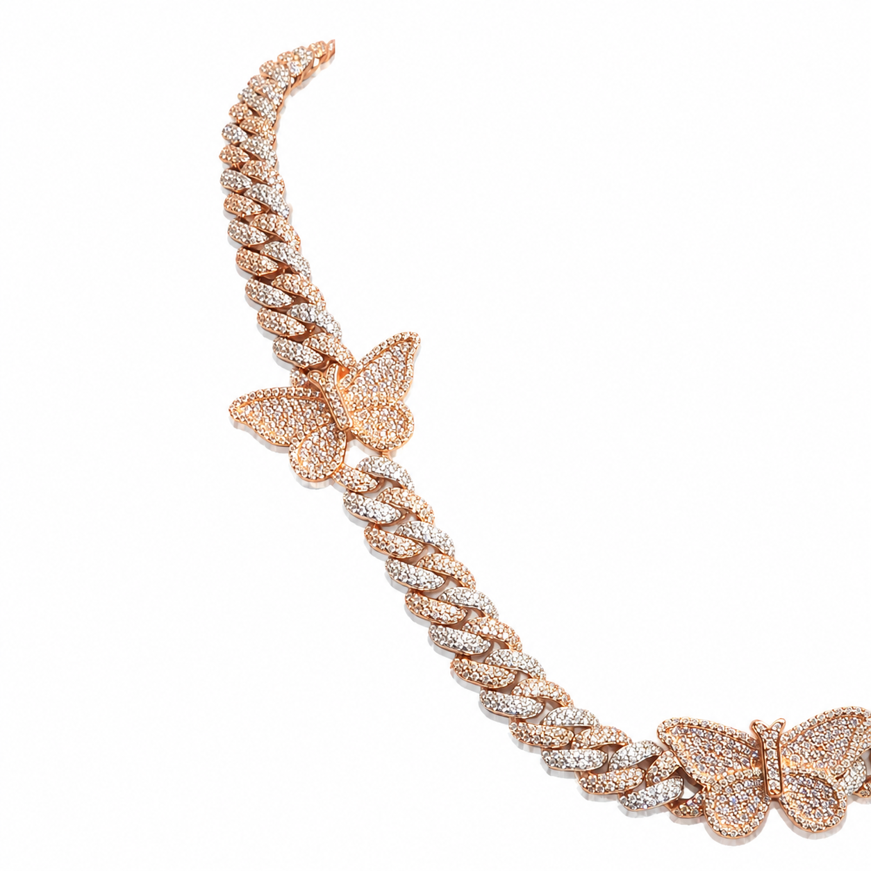 925 Sterling Silver Moissanite Butterfly Cuban Chain - Rose Gold Accents - view 3 on white background