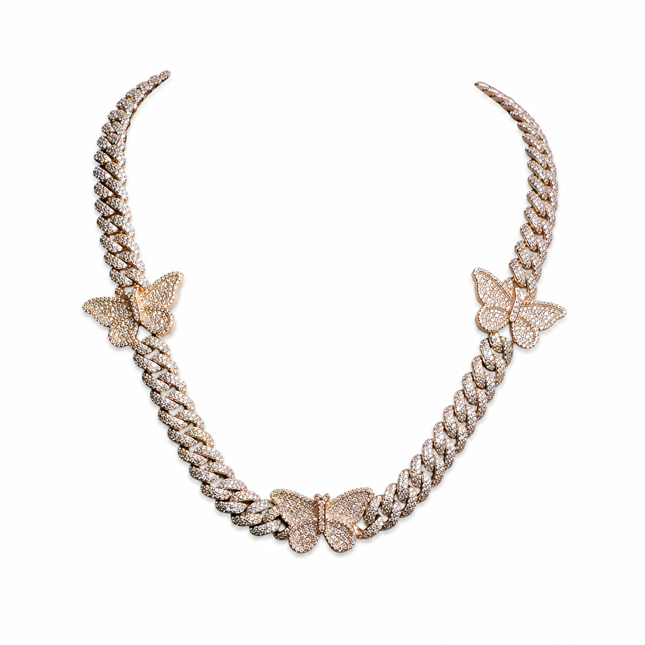 925 Sterling Silver Moissanite Butterfly Cuban Chain - Rose Gold Accents - view 4 on white background