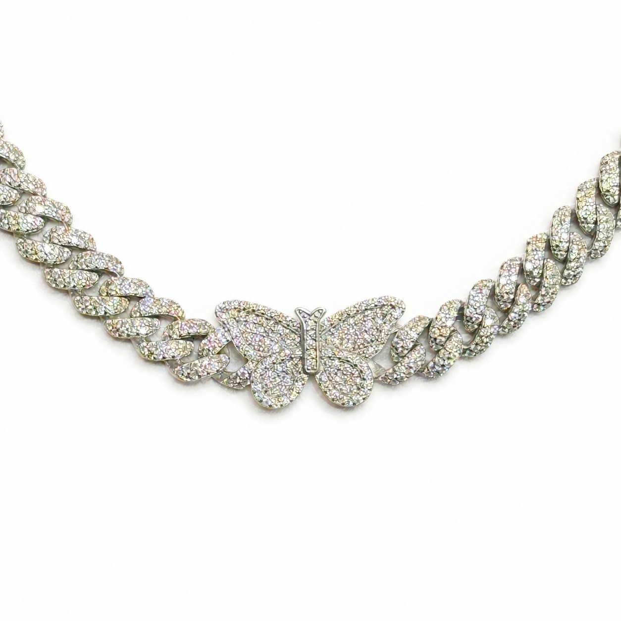 925 Sterling Silver Moissanite Butterfly Cuban Chain - Silver - view 3 on white background