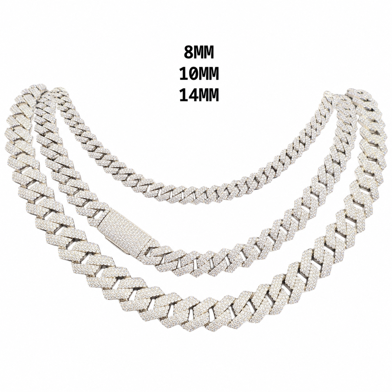 925 Sterling Silver Moissanite Cuban Link Chain - 8mm-14mm - view 4 on white background