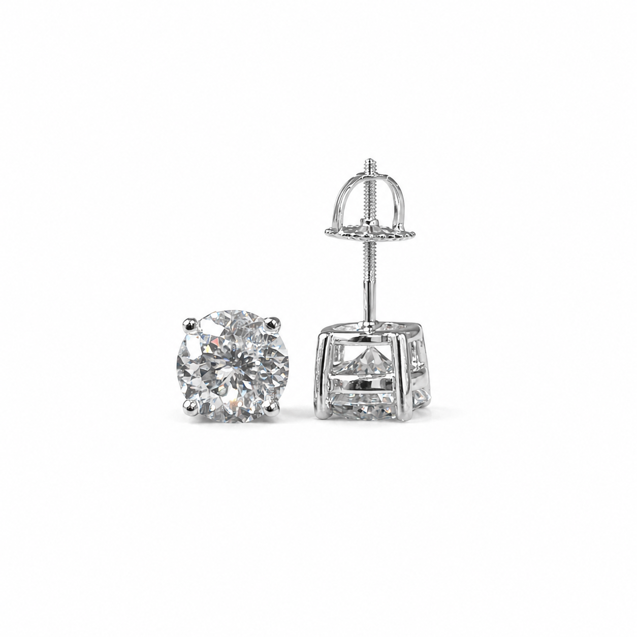 Classic moissanite stud earrings front and side view on white background