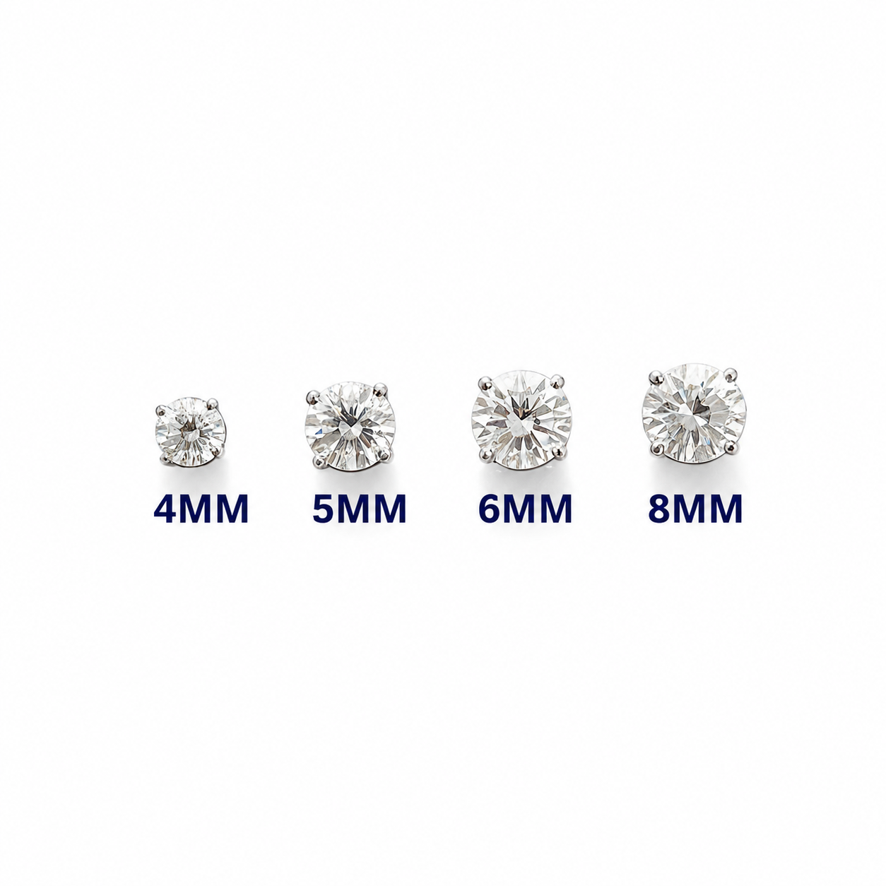 Classic moissanite stud earrings 4mm to 8mm size guide on white background