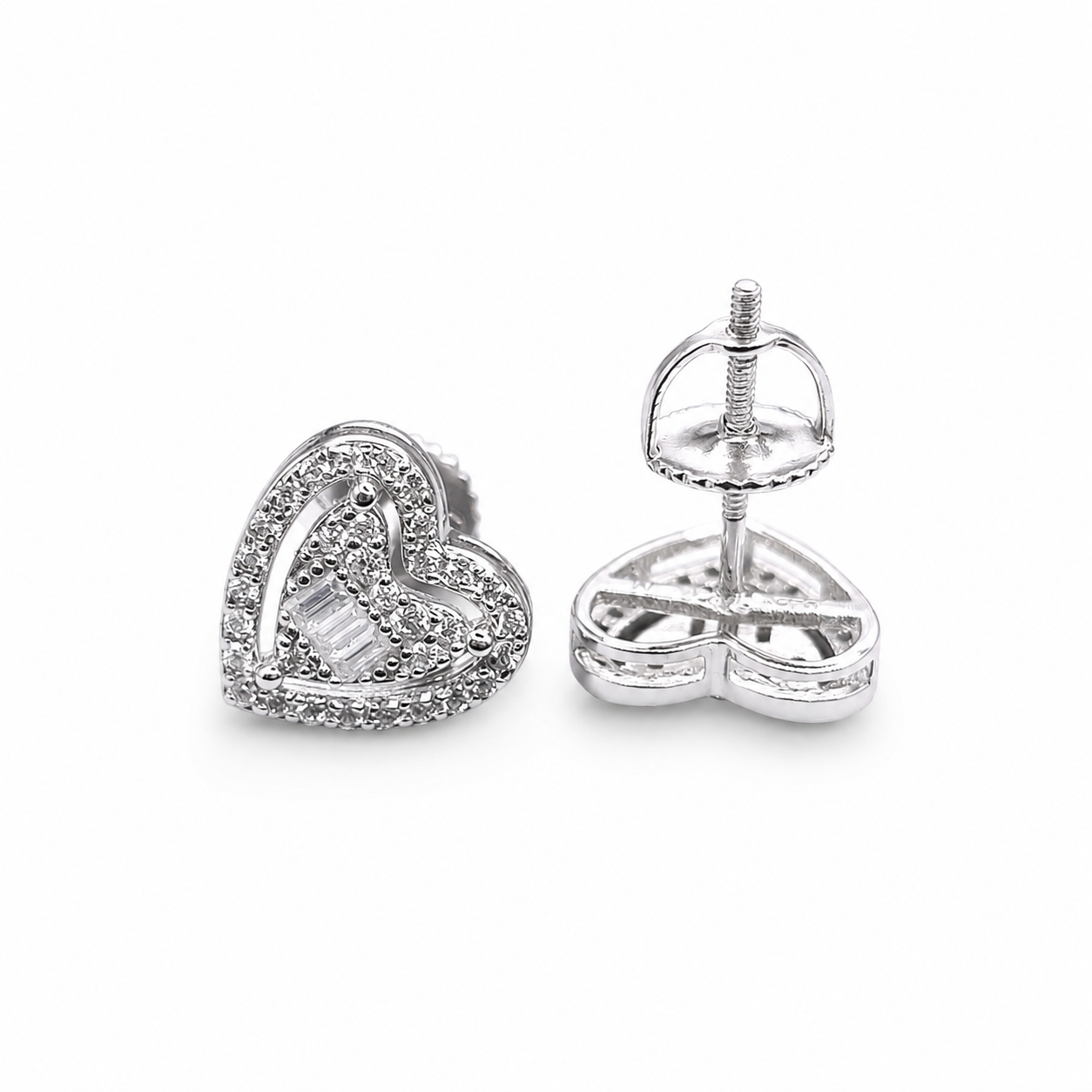 Double heart stud earrings on clean white background – front view