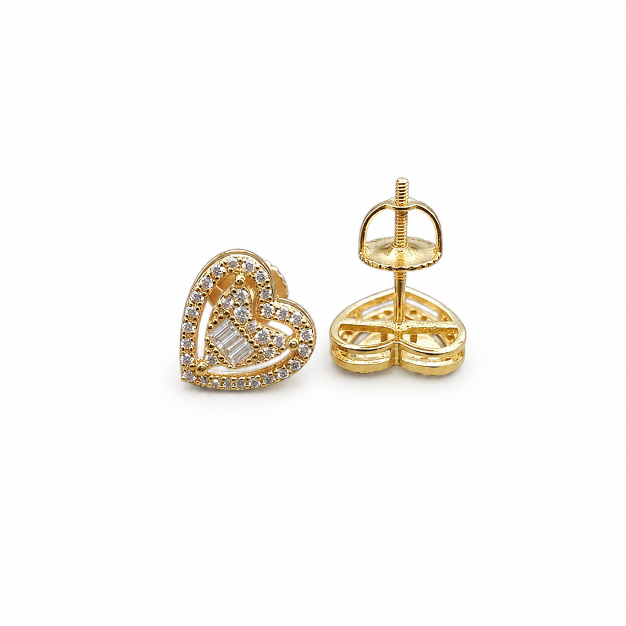 Double heart stud earrings on clean white background – alternate view