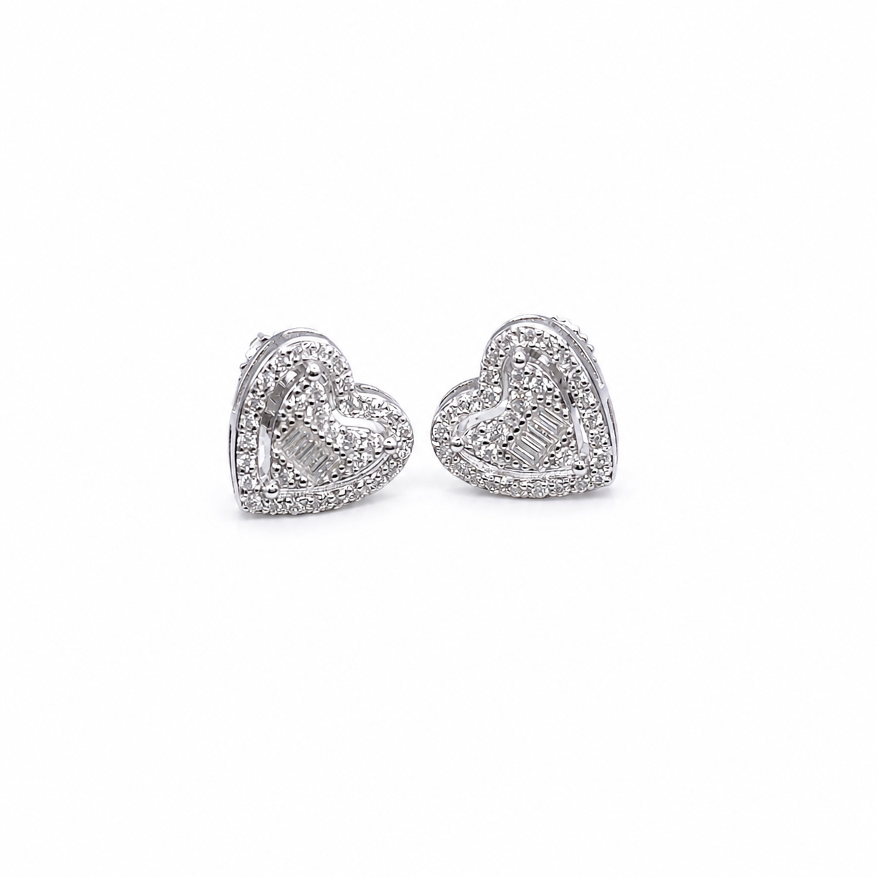 Double heart stud earrings on clean white background – pair view