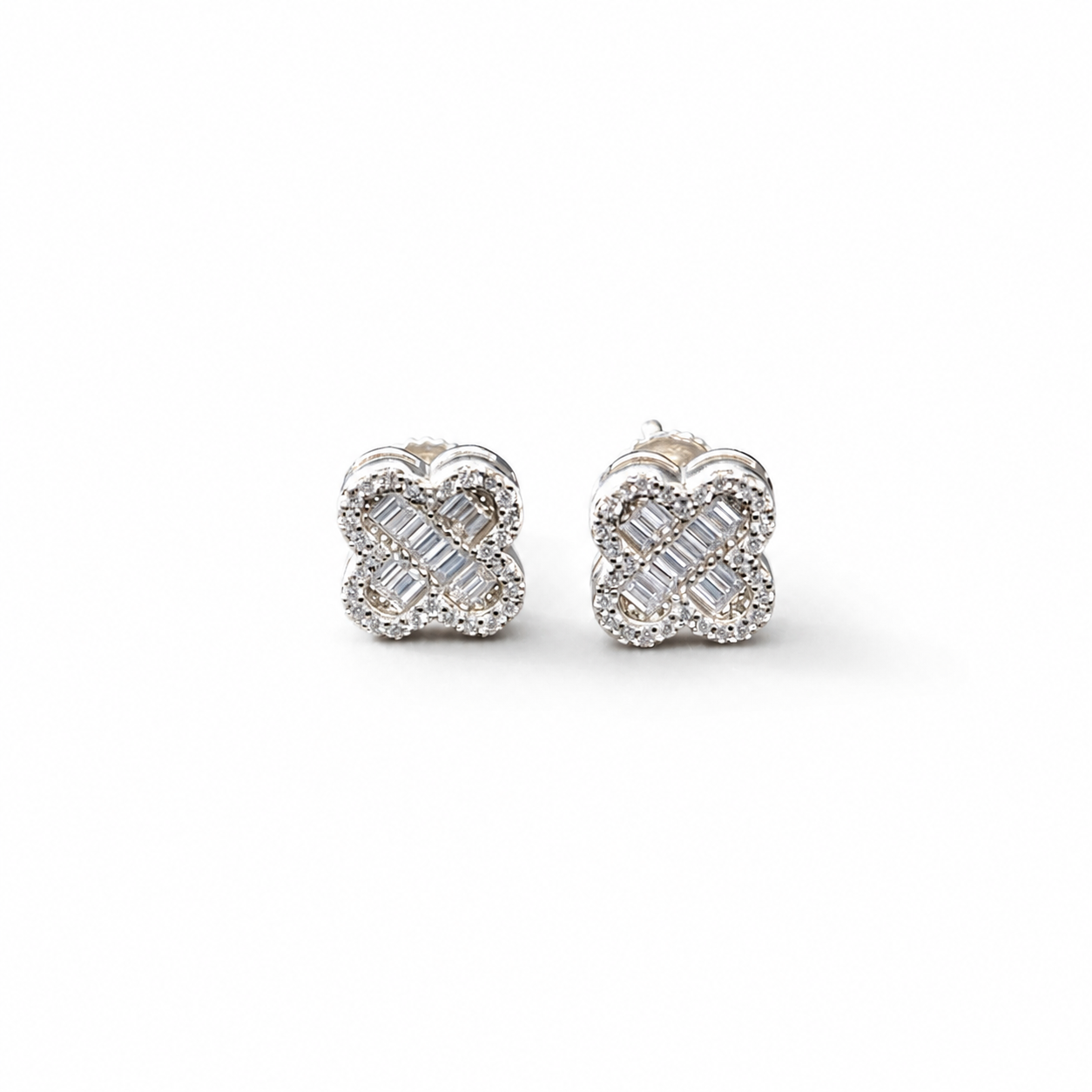 Moissanite clover stud earrings view 2 on clean white background